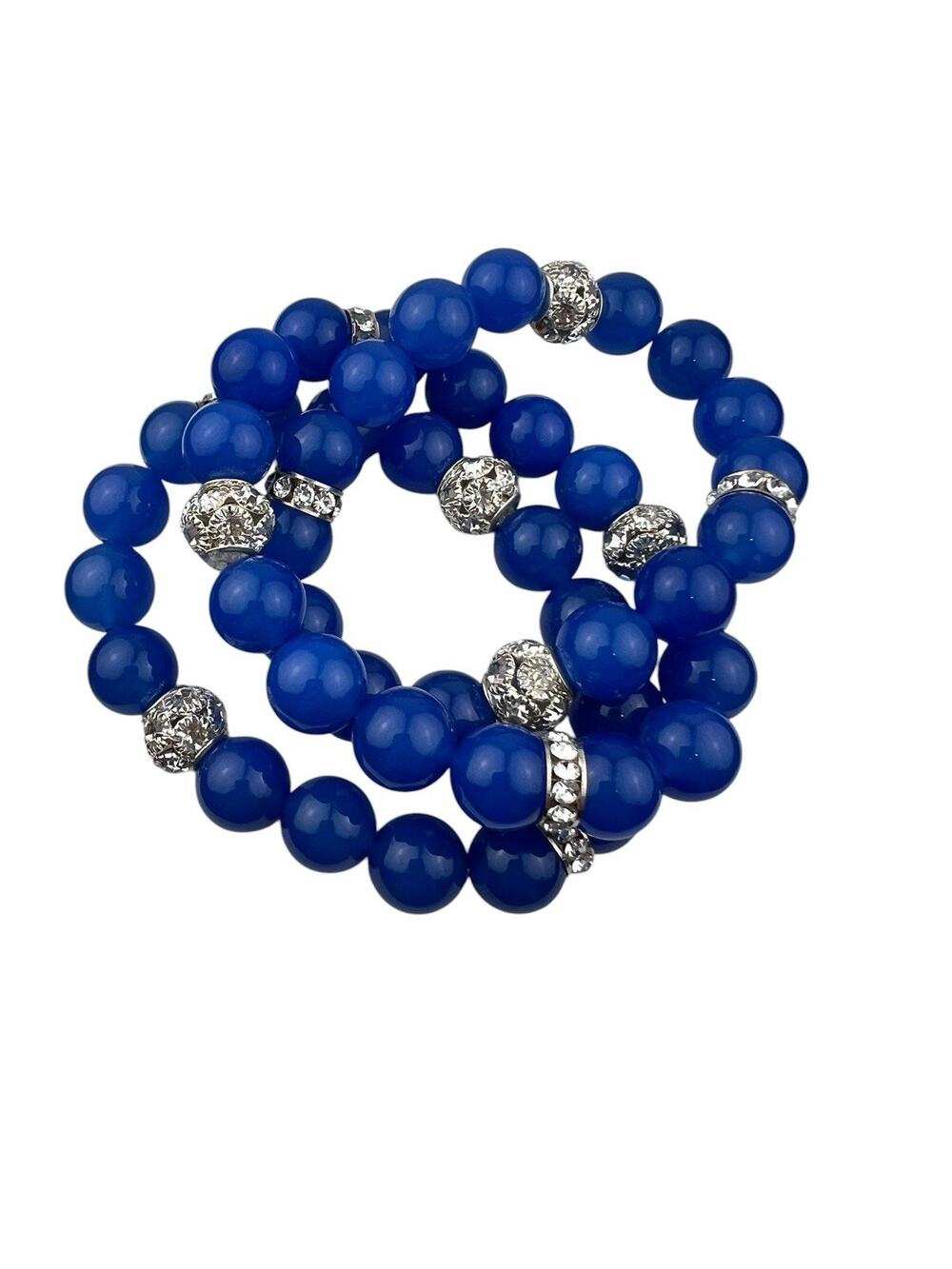 Lot of 3 Blue Agate 12mm Stretch Bracelets with Rhinestone Rondelles